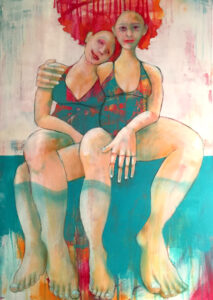 Heike Kurtenbach "Freundinnen am Pool" (2022) | Acryl (und Buntstift) auf Leinwand | 70 x 100 cm