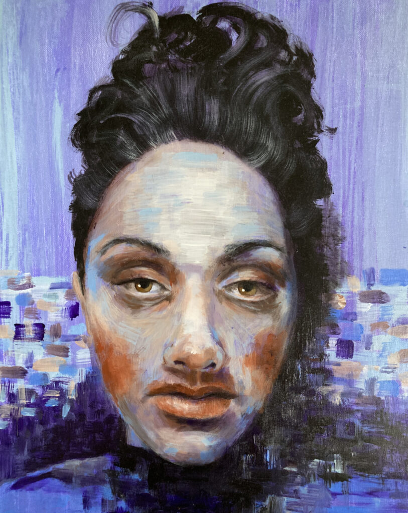 Expressives Portrait von Jenell, Acryl auf Leinwand, Jenell ist stark geschminkt und schaut ernst. Der Hintergrund ist in violetten und blau beigen Farben gemalt