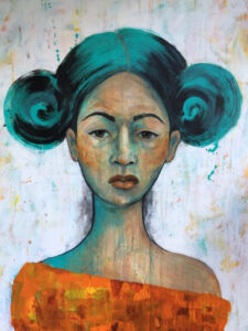 Original Kunstwerk Portrait Malerei Heike Kurtenbach »Mädchen mit Bommeln« 60 x 80 cm | Acryl auf Leinwand | 2022