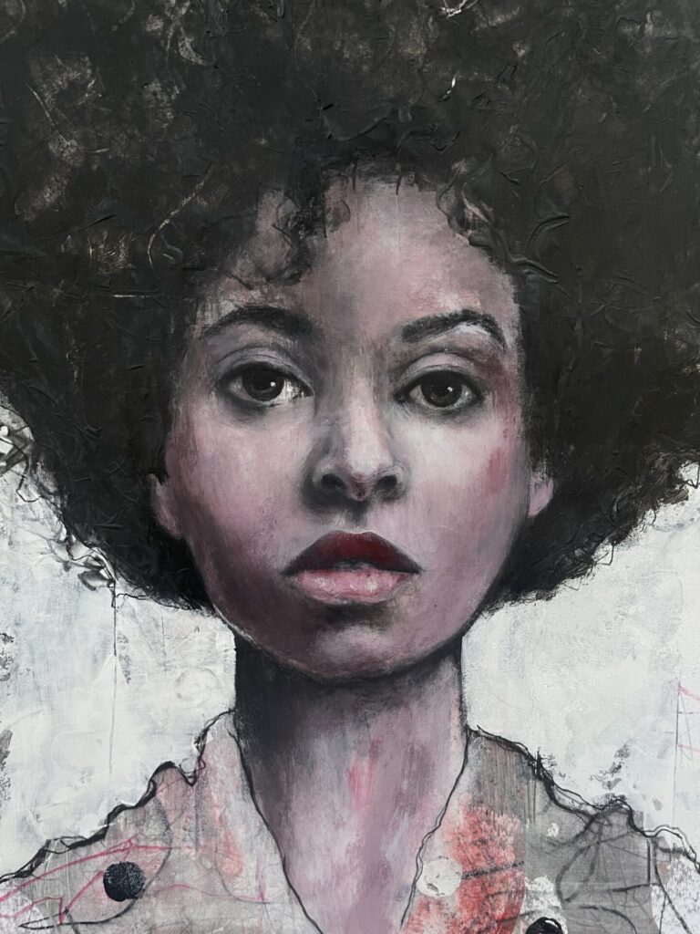 Intuitive Portrait. Porträt Malerei. Intuitive Malerei. People Of Colour. PoC. Heike Kurtenbach "Bernadette" (2026) | Kohle und Acryl auf Papier | DIN A3
