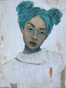 Original Kunstwerk Portrait Malerei Heike Kurtenbach »Justina (Heads Are Gonna Roll)« 40 x 50 cm | Acryl auf Leinwand aus dem Jahr 2026. Portraitmaler