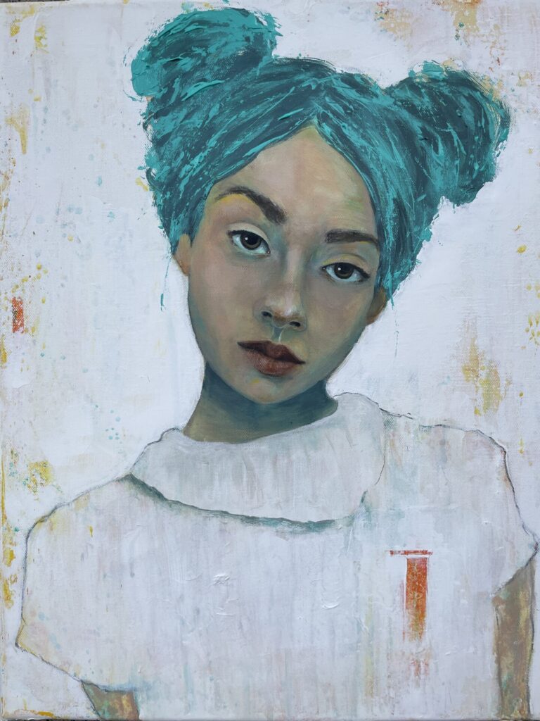 Original Kunstwerk Portrait Malerei Heike Kurtenbach »Justina (Heads Are Gonna Roll)« 40 x 50 cm | Acryl auf Leinwand aus dem Jahr 2026. Portraitmaler