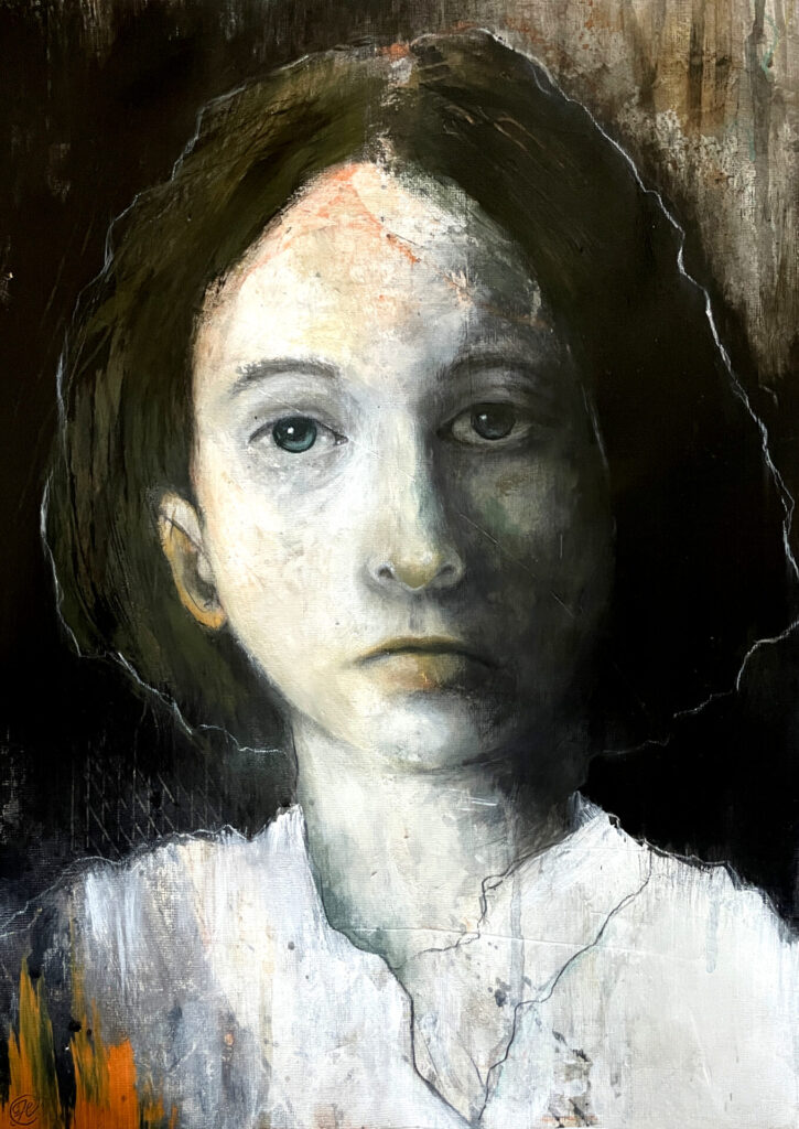 Intuitive Portrait. Porträt Malerei. Intuitive Malerei. Dark Art. Moody Art. Heike Kurtenbach "Second Skin" (2026) | Kohle und Acryl auf Papier | DIN A3